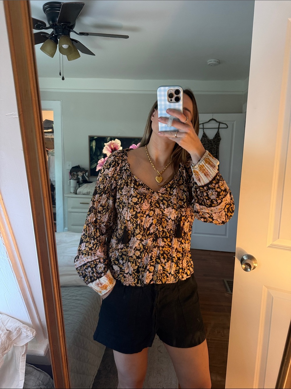 Billabong Black Floral Smocked Peasant Blouse